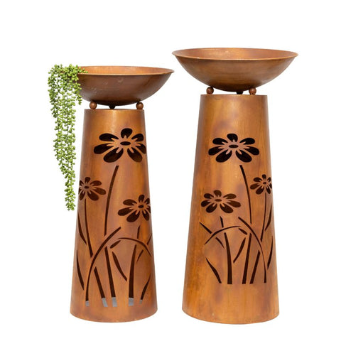 Round Pillar Rust ‘FLOWER’ Planters Set/2