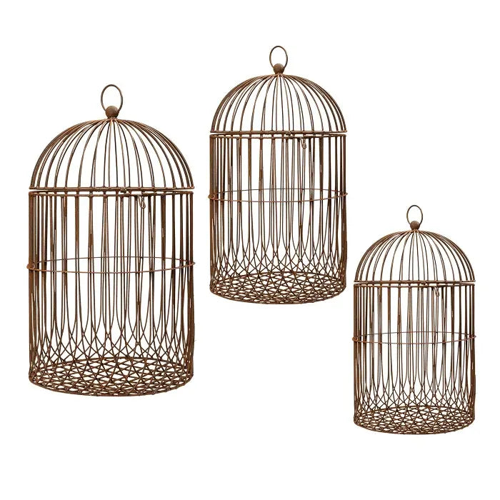 Rustic Hanging Birdcage Set of 3 - pre-rusted metal