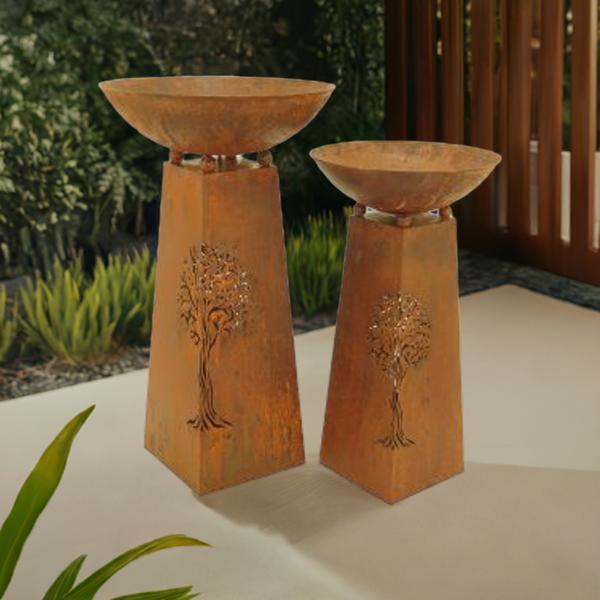 Rust Metal Tree of Life Bird Bath / Fire Bowl - 2pc SET