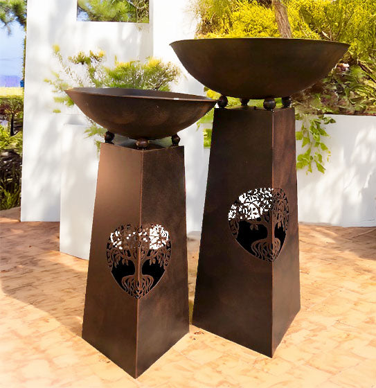 Tree of Life Bird Bath / Fire Bowl - Smooth Brown 2pc SET